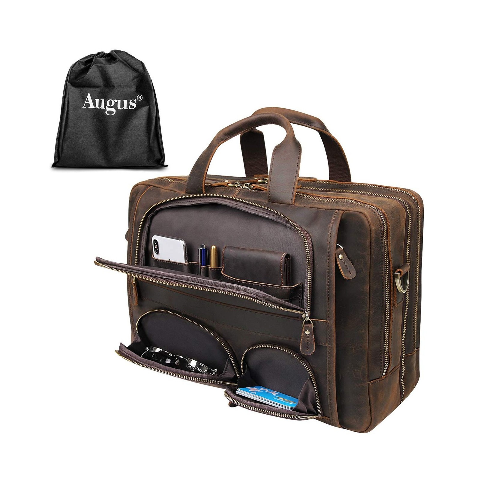 Augus Business Travel Briefcase Genuine Leather Duffel Bags for Men Laptop Ba...