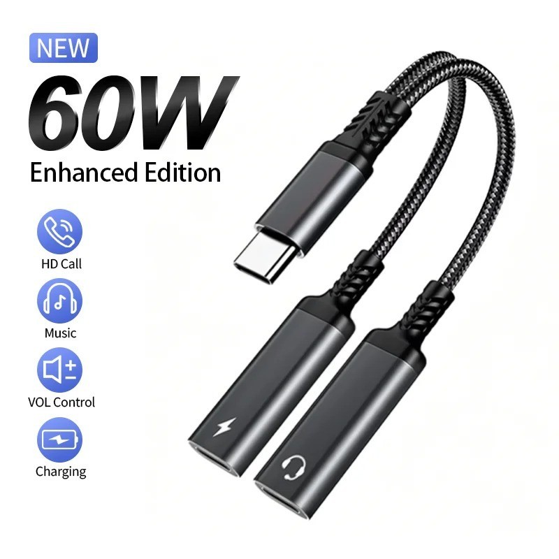 USB C 2 in 1 Splitter Adapter Type C to Dual USB-C Audio Jack + PD 60W Fast Char