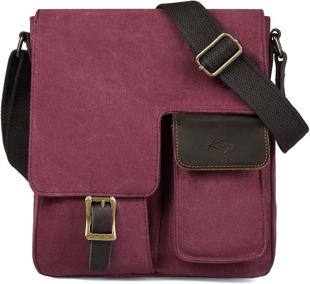 Canvas Leather Messenger Bag Water-Resistant Burgundy Red