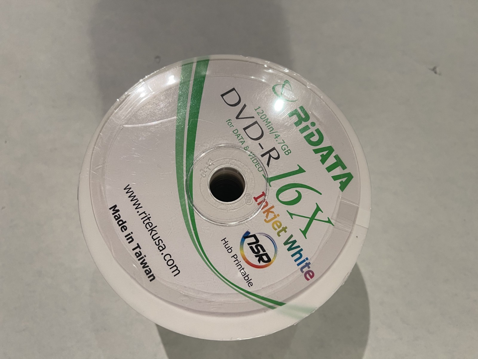 RIDATA DVD-R 16x 4.7GB White Inkjet Hub Printable Recordable Disc spindle