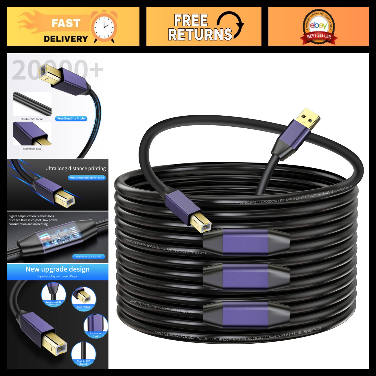 100ft Active USB 2.0 Printer Cable A-Male to B-Male High Speed for Printers & Sc