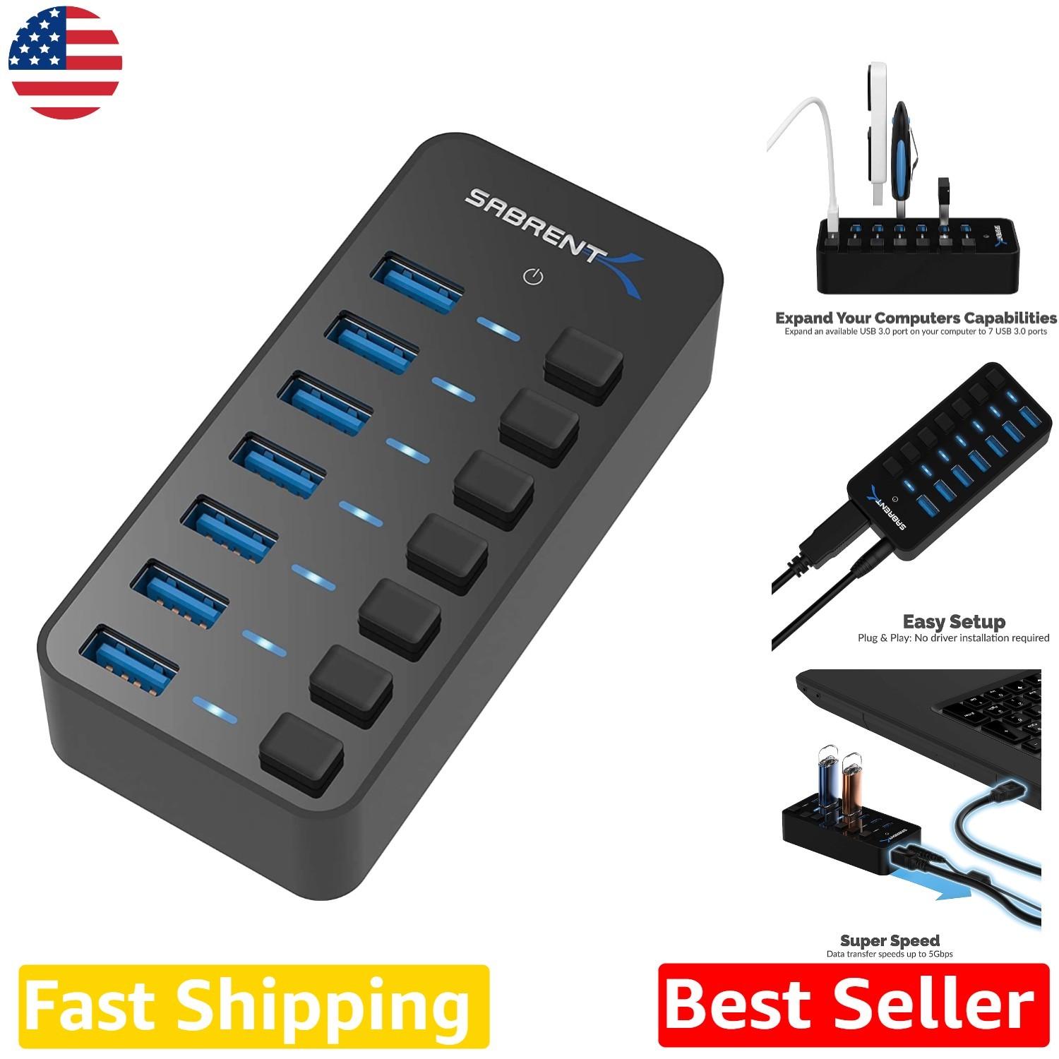 7-Port USB 3.0 Hub, Individual Switches, LED Indicators, Fast 5Gbps