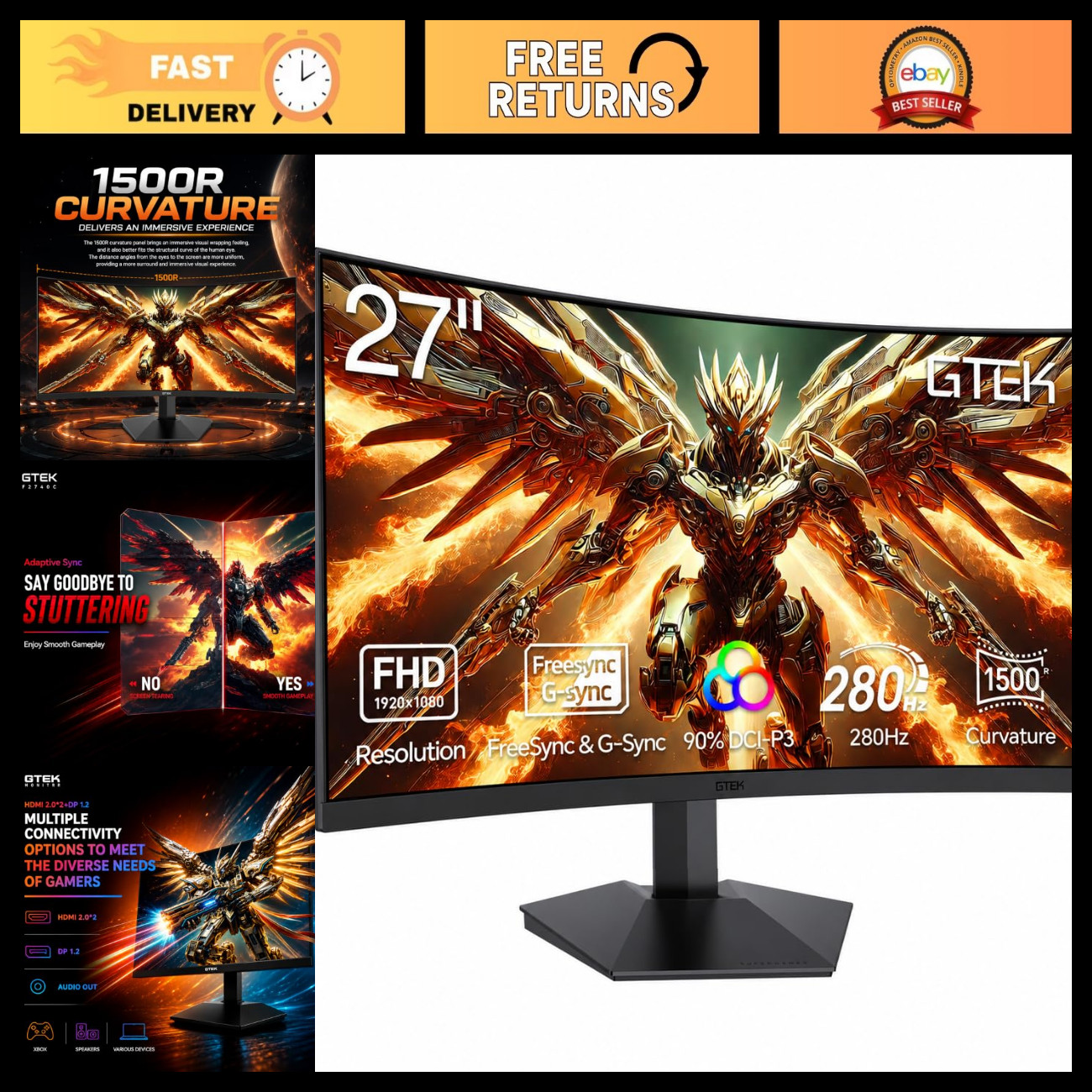 27" Curved Gaming Monitor 280Hz FHD 1080P, 1ms MPRT, FreeSync, HDR, VESA Compati