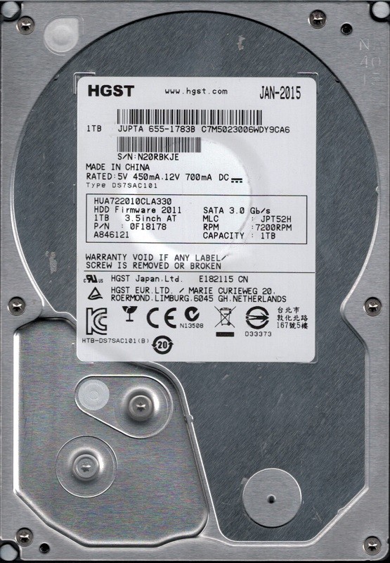 HUA722010CLA330 P/N: 0F18178 MLC: JPT52H MAC 655-1783B HGST 1TB