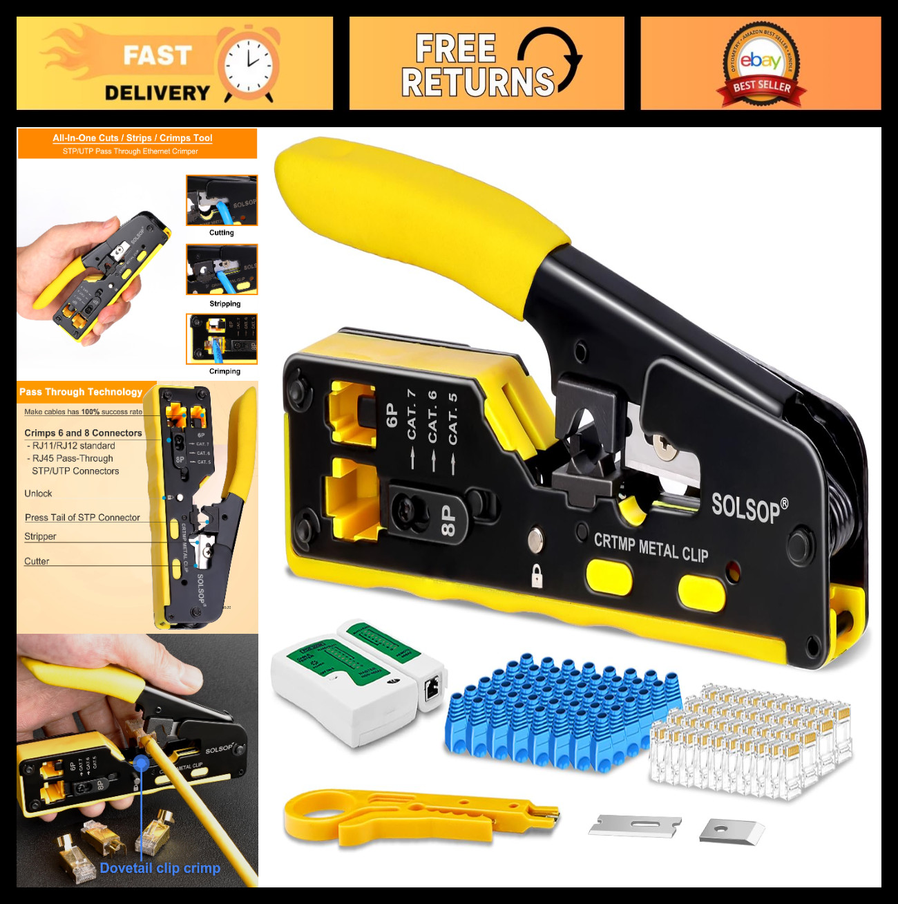 All-in-One Ethernet Crimp Tool Kit, RJ45 Pass Through Crimper, 50 Cat6 Connector