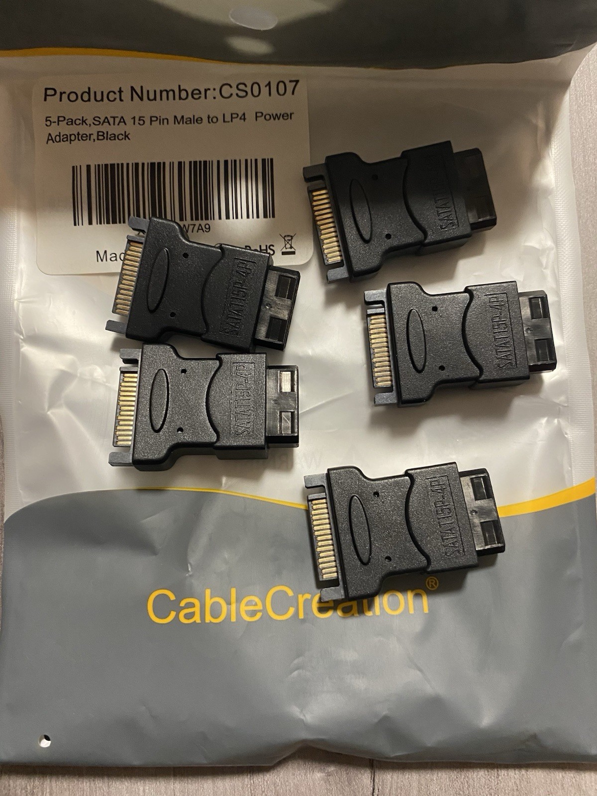5-pack SATA 15 Pin Male to LP4 Power Adapter in Black