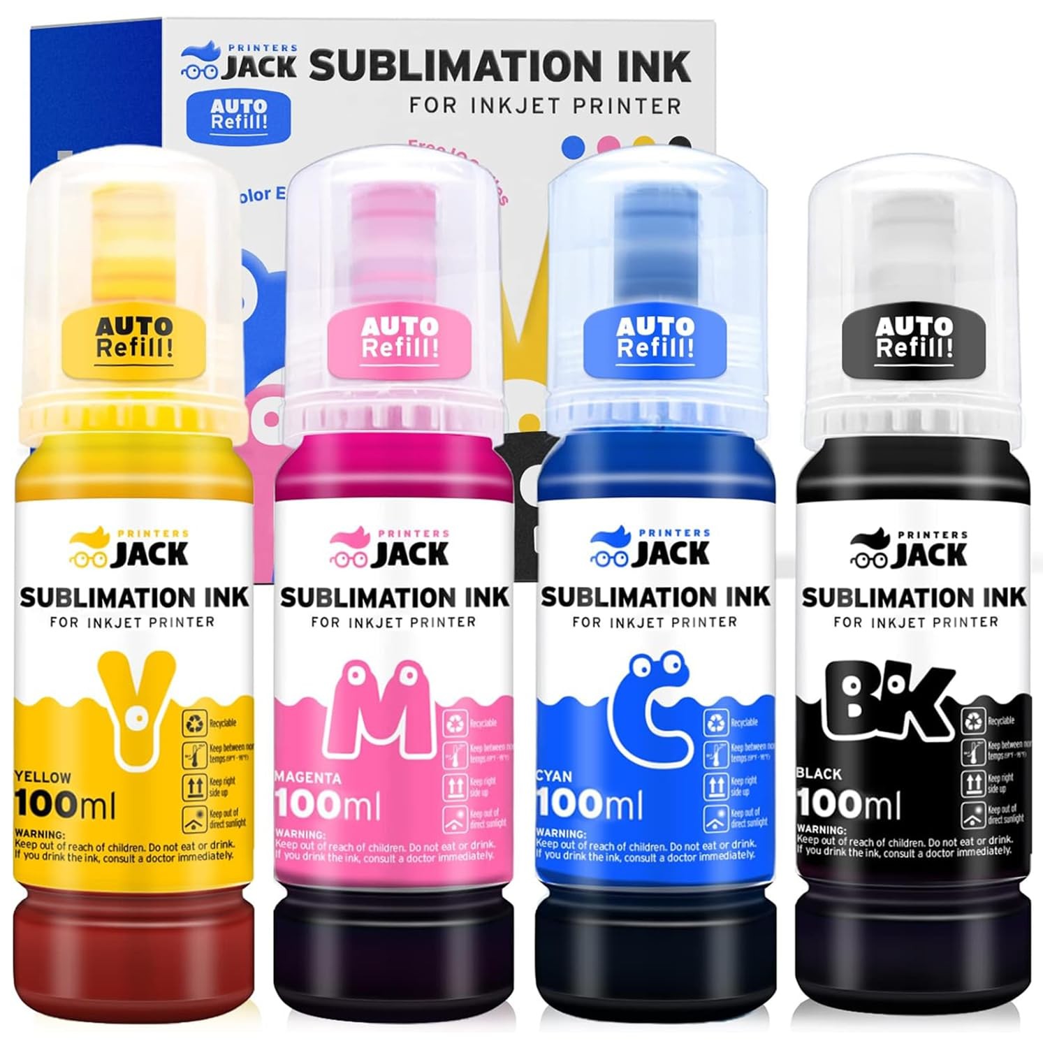 Printers Jack 4x100ml Sublimation Ink Auto 400ml, Black/Cyan/Magenta/Yellow