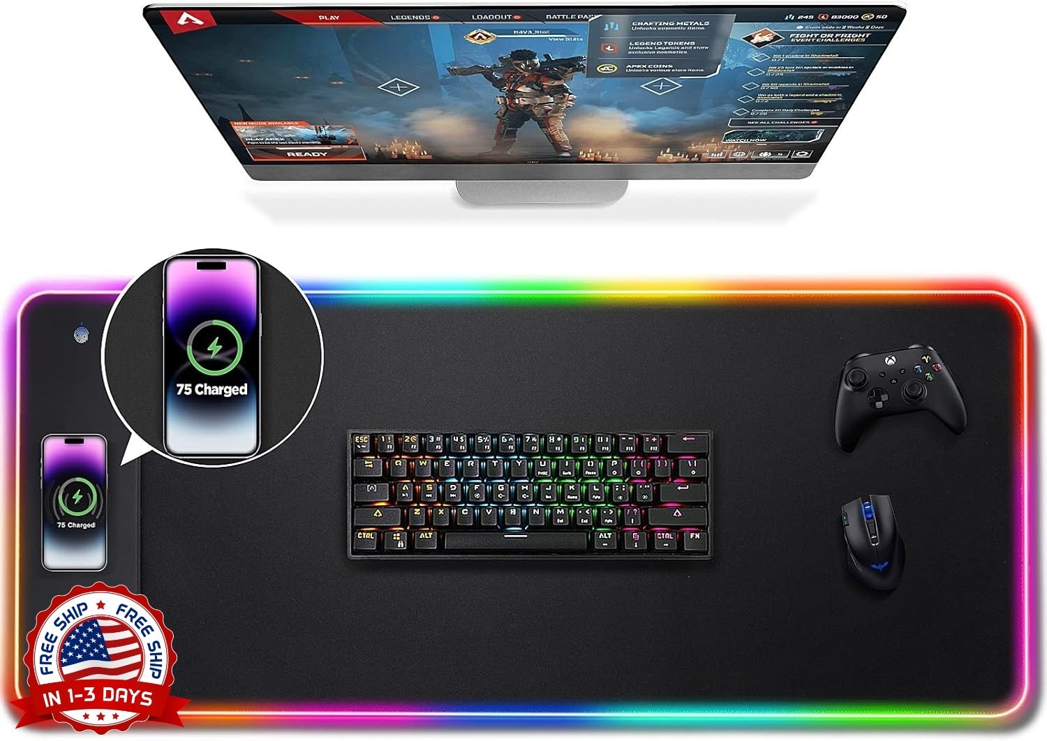 Alfombrilla de ratón para juegos RGB,carga inalámbrica de 15W con 10modos de luz