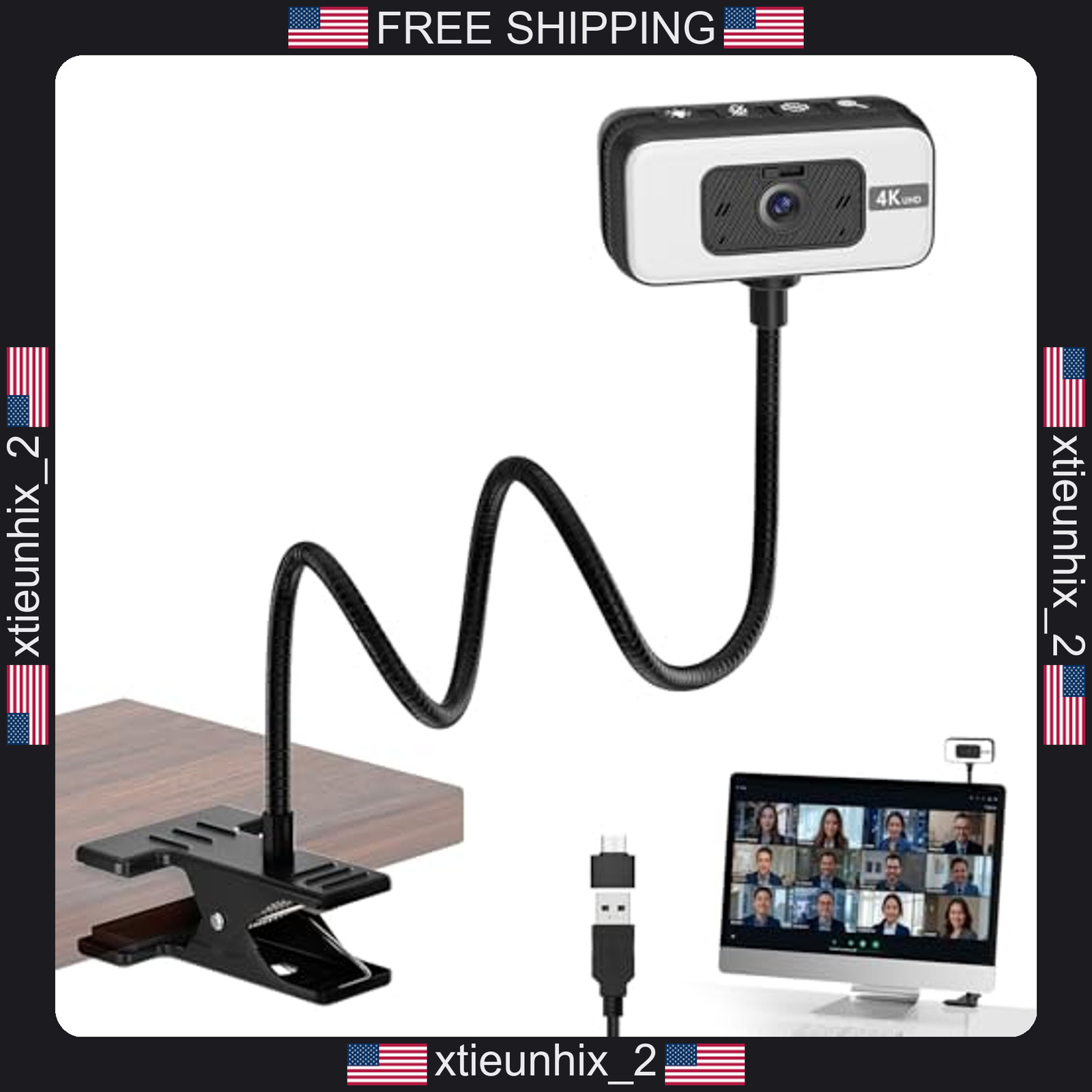 4K Webcam for PC with Autofocus, Microphone, Fill Light, Privacy Cover