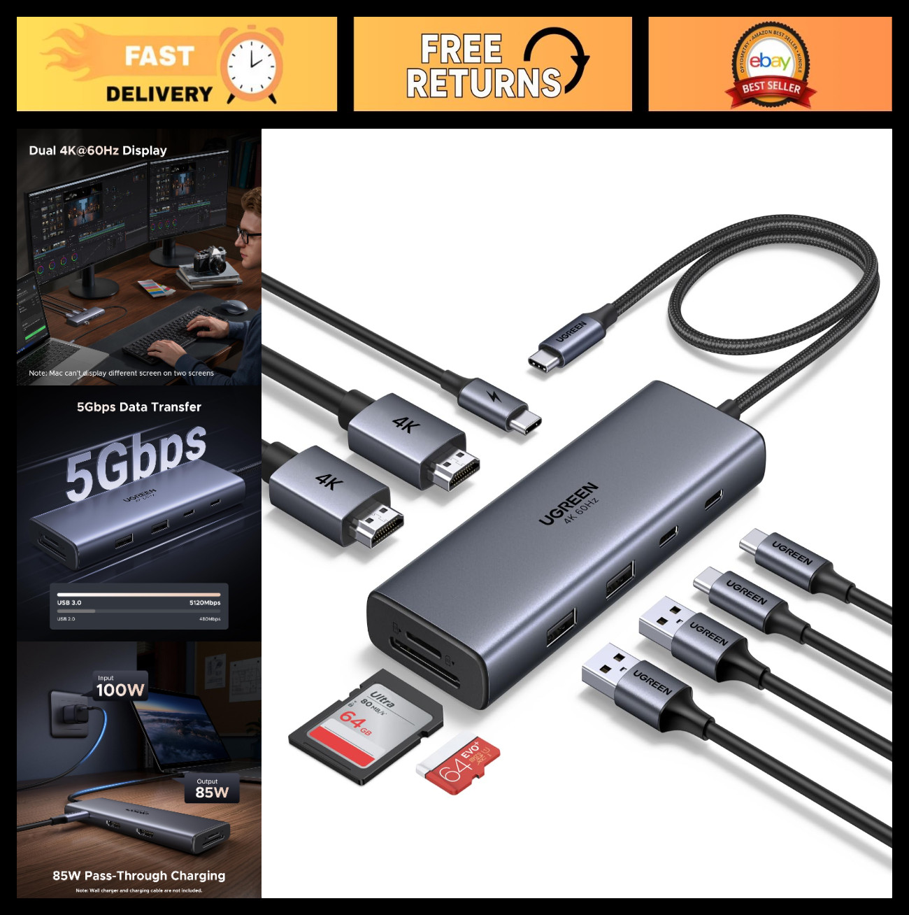 9-in-1 USB C Docking Station, Dual 4K HDMI, 5Gbps USB-A/C Ports, 100W PD, SD/TF