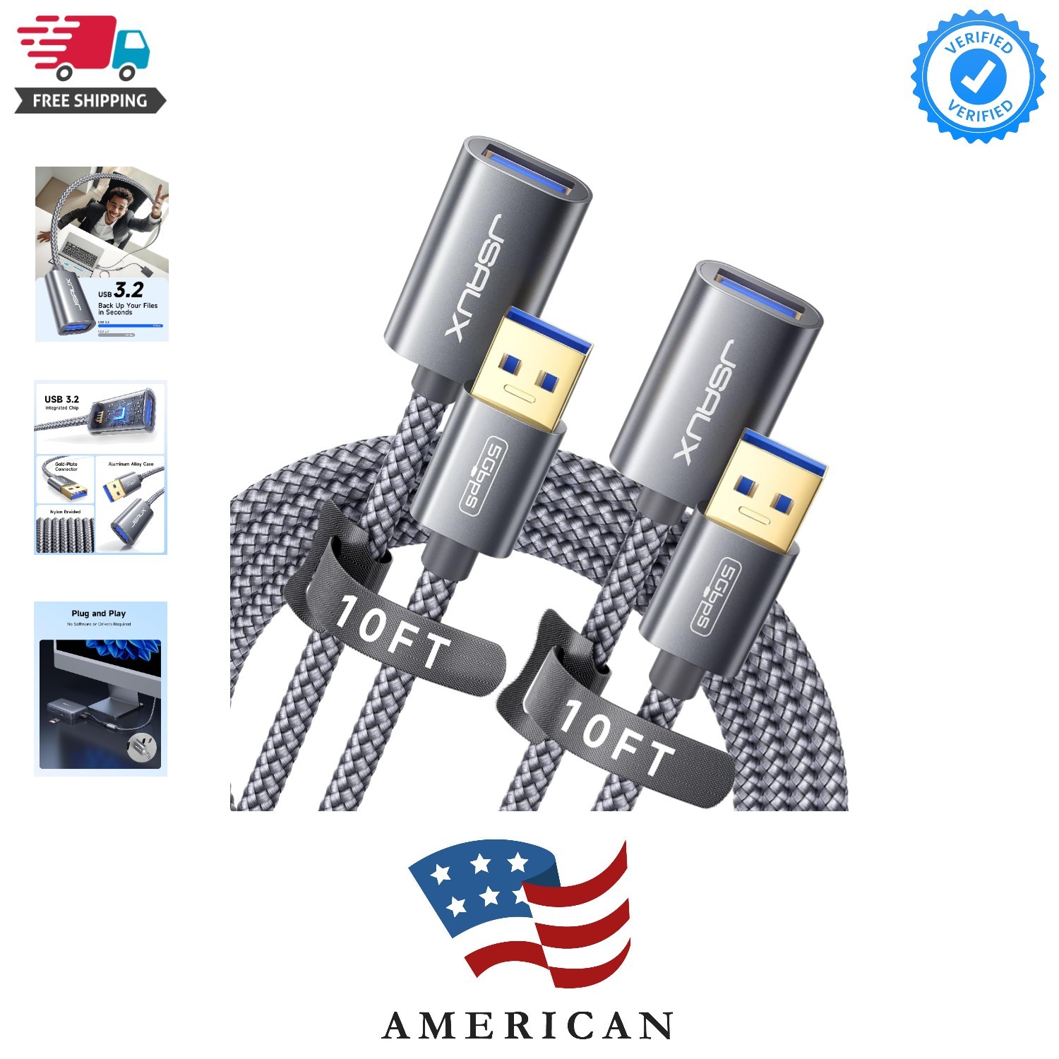 2Pack 10FT+10FT USB 3.0 Extension Cable, Type A Male to Female USB Extender C...