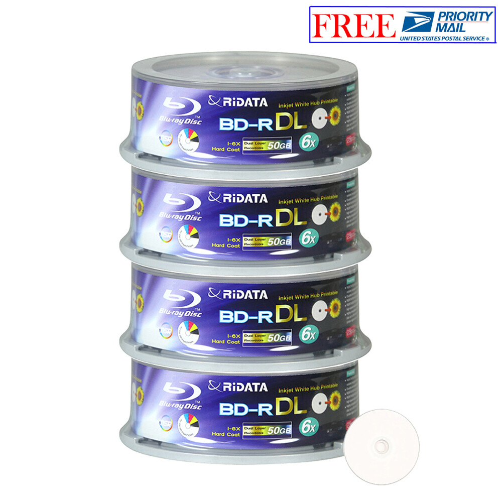 100 Pack Ridata Blu-ray BD-R DL Dual Layer 6X 50GB White Inkjet Printable Disc