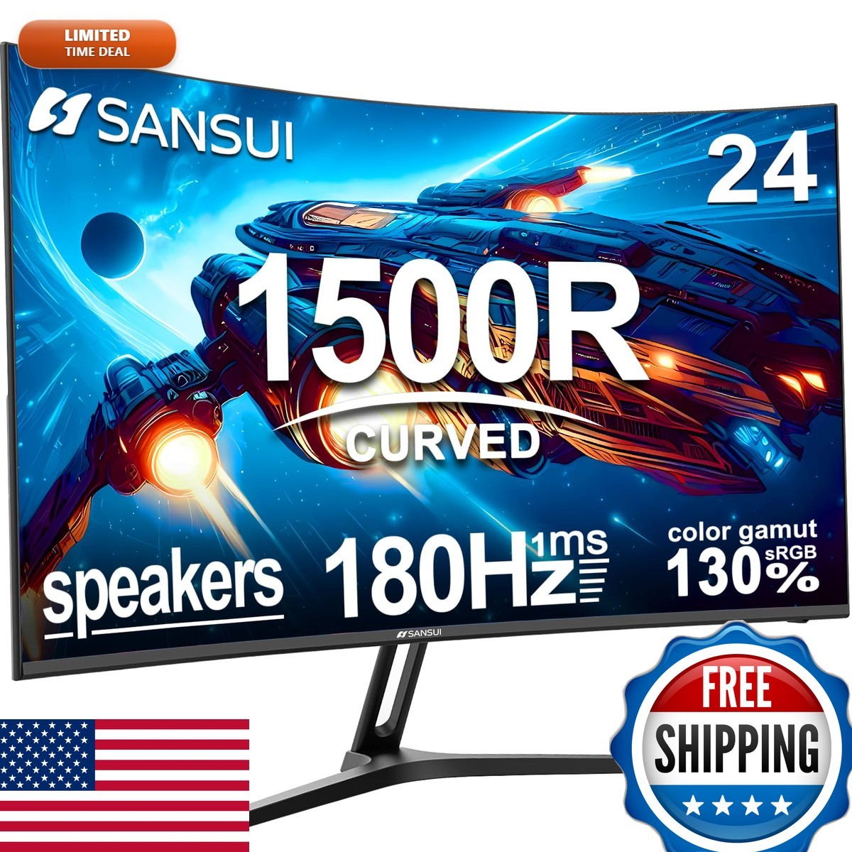 SANSUI ES-G24C1-US 24 Inch Curved Gaming Monitor 160Hz 1ms