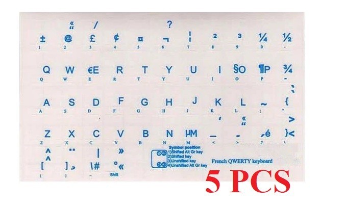 FRENCH QWERTY Keyboard Stickers Transparent - 5 PCS PKG