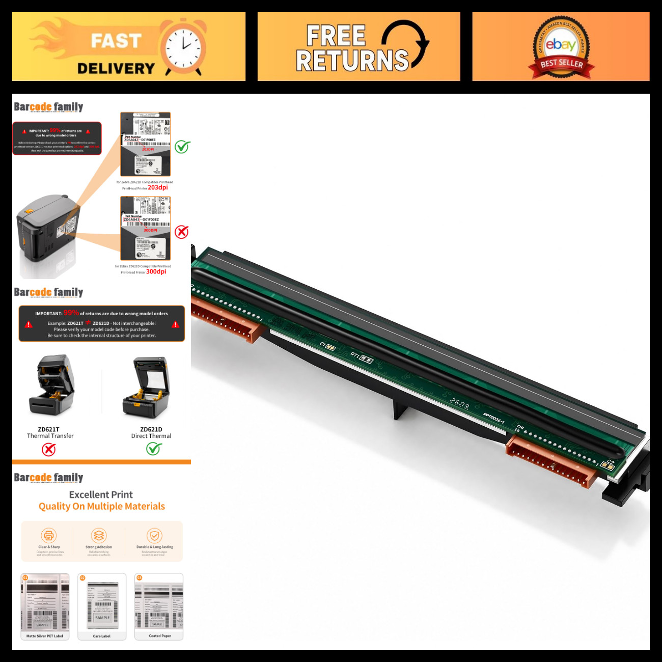 4" Thermal Printhead for ZD621D Barcode Printers - 203 DPI, High-Quality Replace