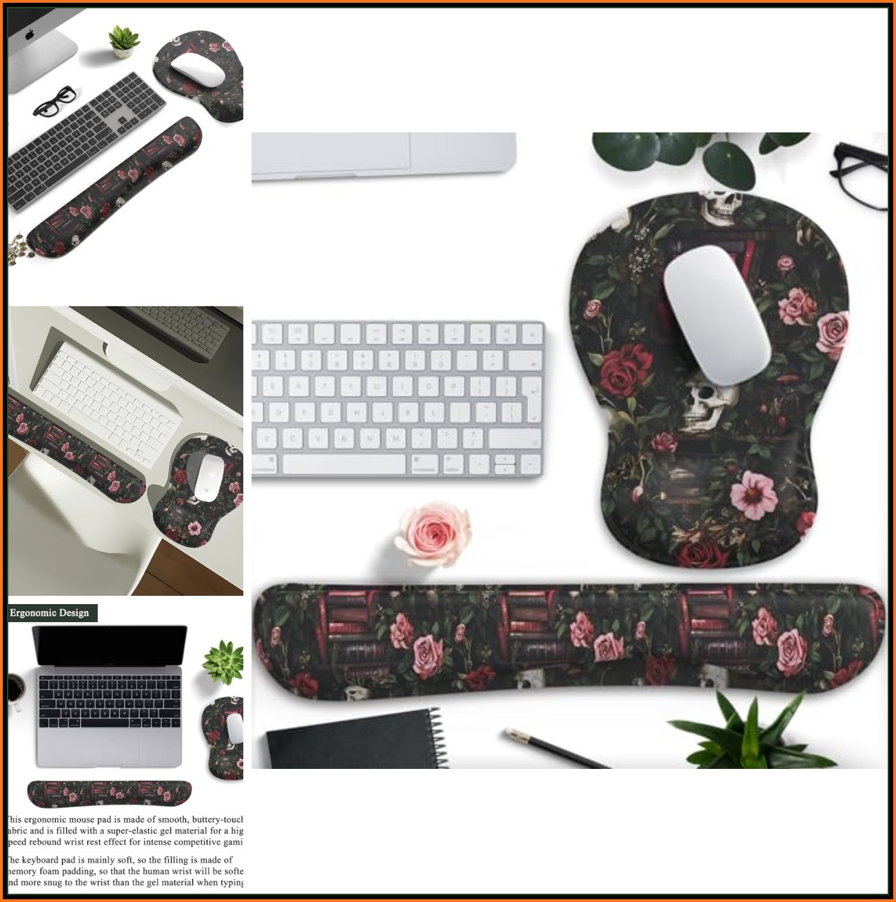 Gothic Skull Rose Mouse Pad Wrist Rest Set Ergonomic Memory Foam Non-Slip