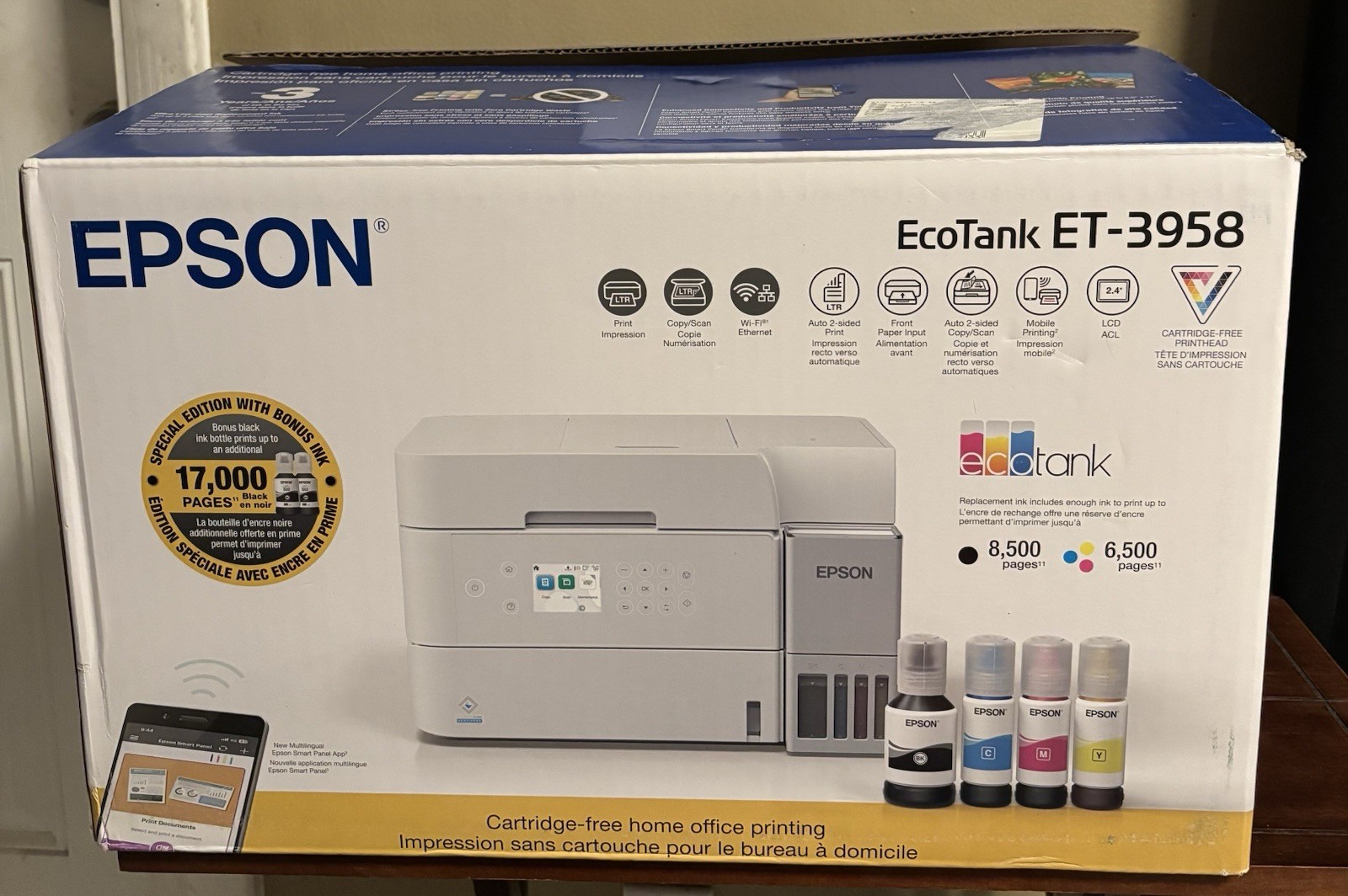 Epson EcoTank ET-3958 Wireless Color Supertank Printer Scanner Copier