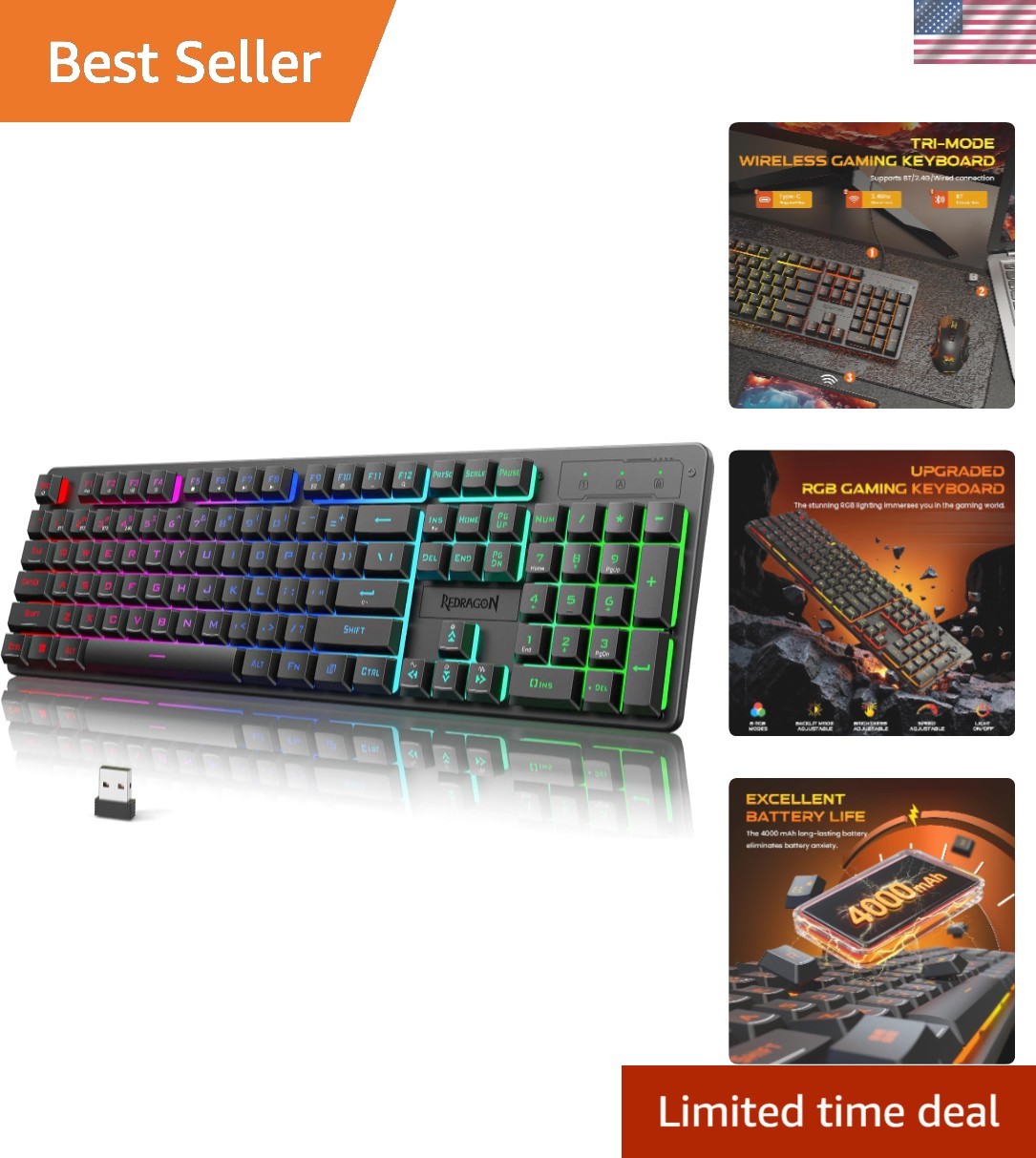 K521KS RGB Wireless Gaming Keyboard with Tri-Mode Connectivity & 4000mAh Battery
