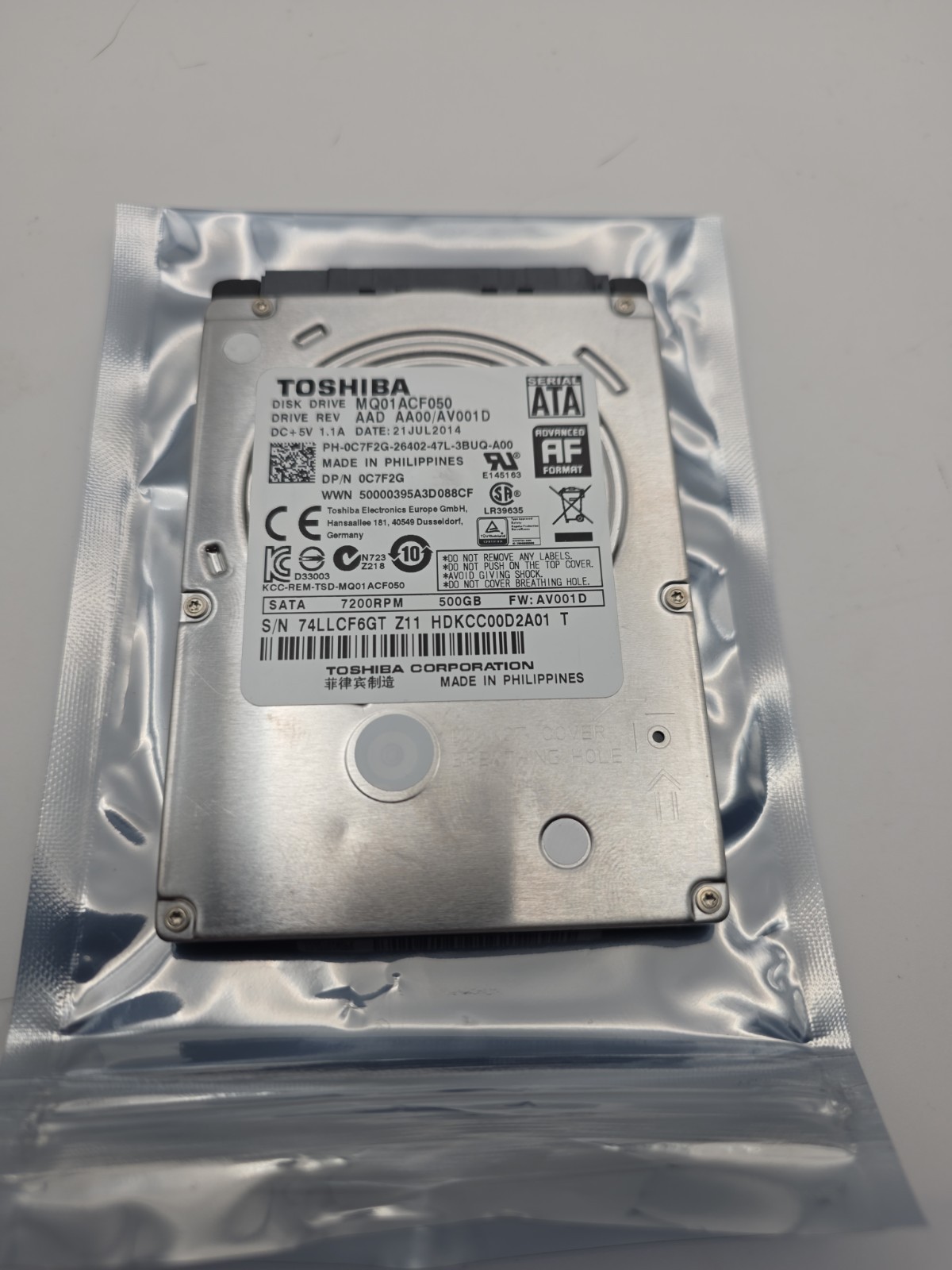Toshiba MQ01ACF050 500GB 7200 RPM SATA 6.0Gb/s 2.5" Laptop HDD bare Drive