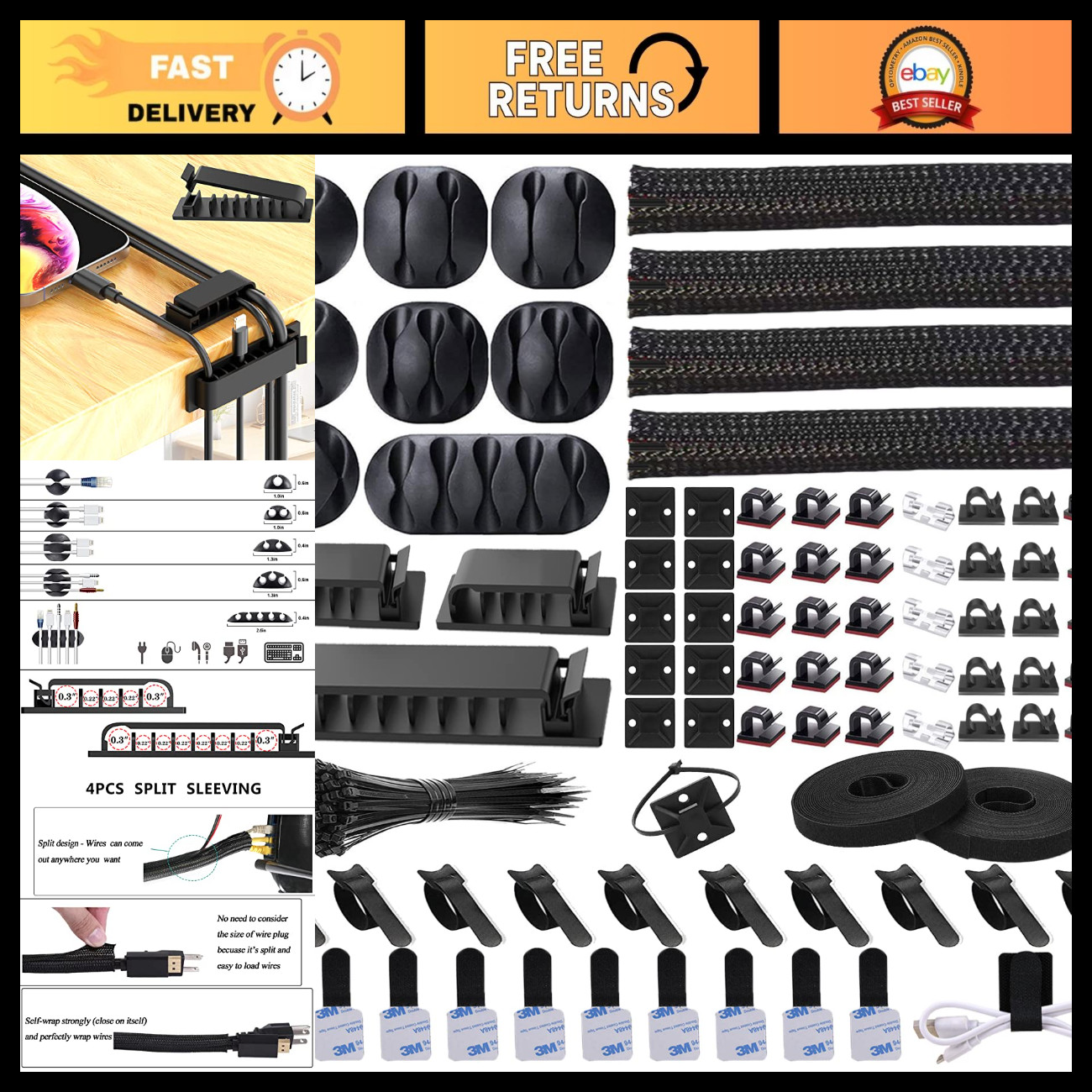 192 PCS Cable Management Kit - 4 Wire Organizer Sleeves, Cord Management Solutio