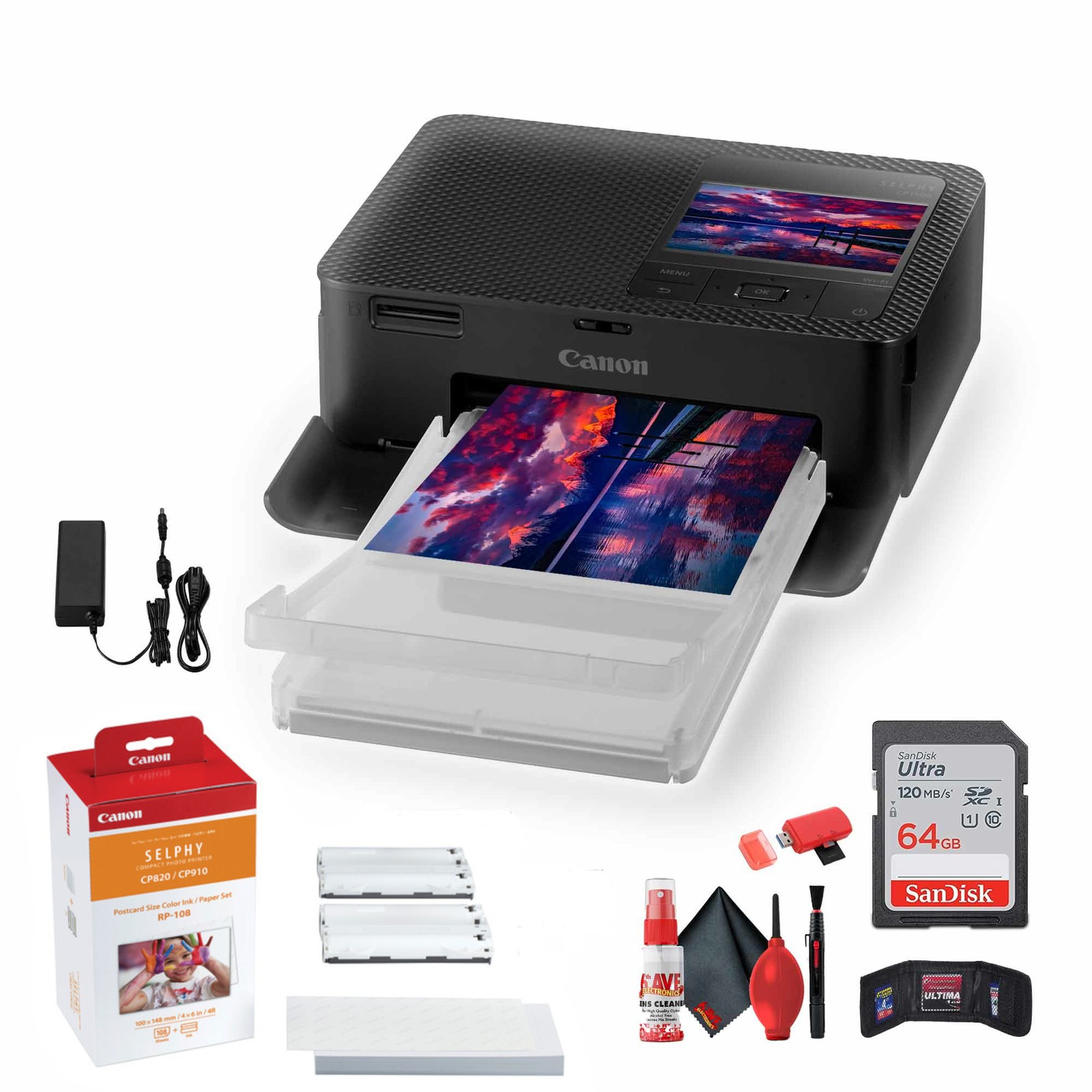 Canon SELPHY CP1500 Black Photo Printer with RP-108 Ink & Paper Bundle