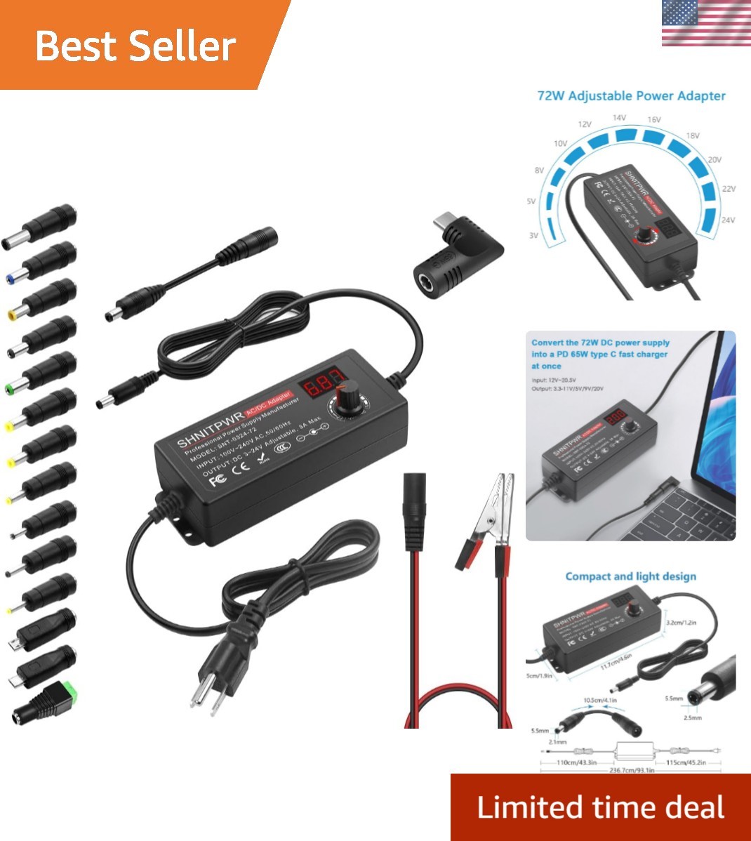 Versatile 72W Universal DC Power Supply with 65W USB-C Fast Charging and 14 Tips