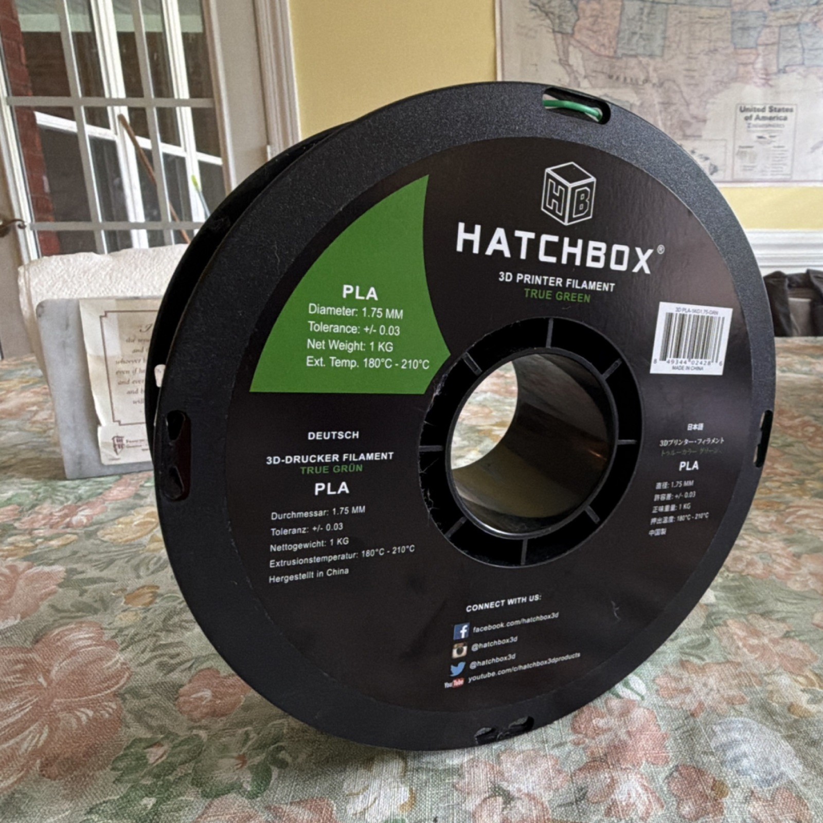 HATCHBOX PLA 3D Printer Filament 1.75mm 1kg Spool Green 3D PLA-1KG1.75-GRN