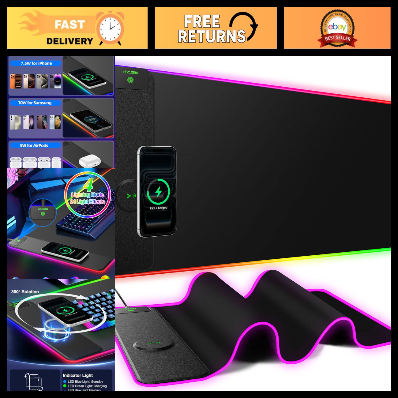 RGB Large Gaming Mouse Pad with 15W Wireless Charging - 31.5'' x 15.8''