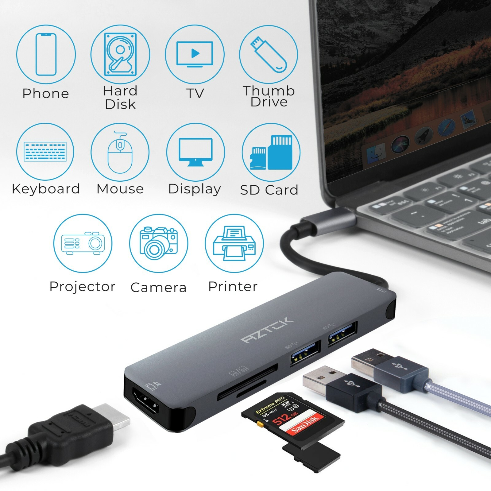 6 in 1 USB Hub with 3.0 USB Ports, 4K HDMI, SD/Micro SD Card Reader, USB C Port 