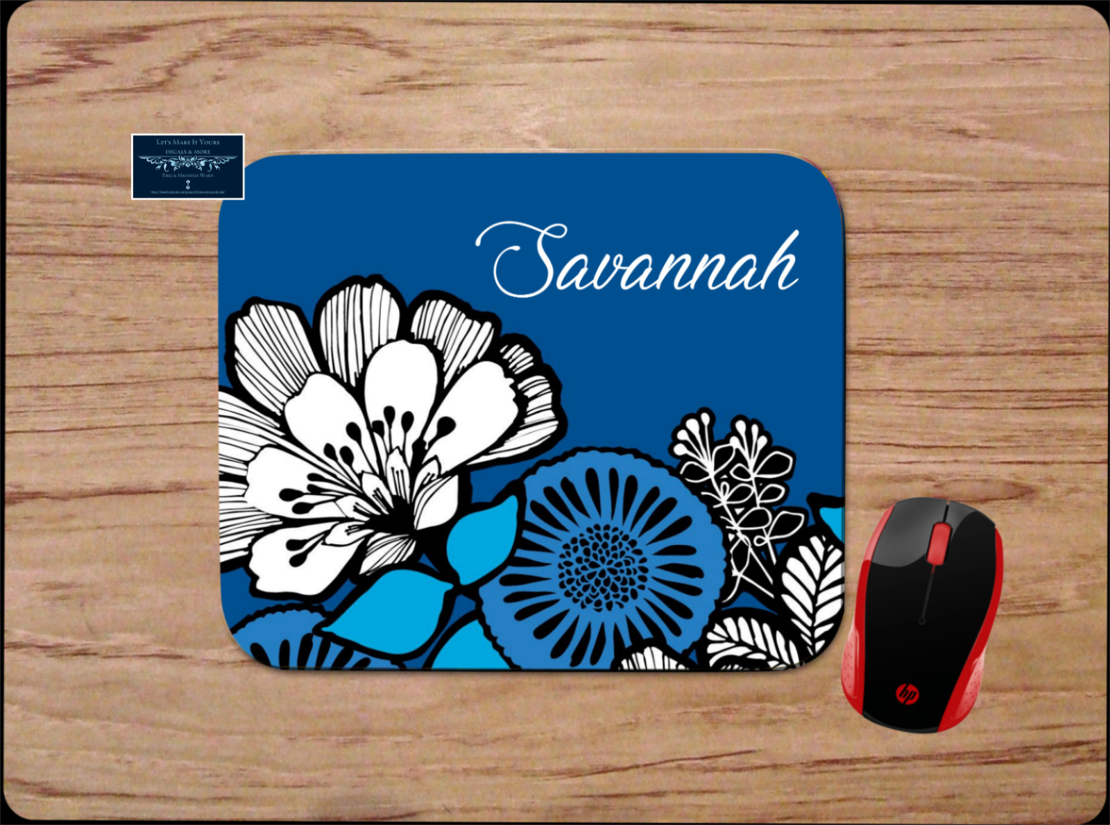 BLUE FLORAL PERSONALIZED YOUR NAME PC MOUSE PAD DESK MAT HOME SCHOOL OFFICE GIFT