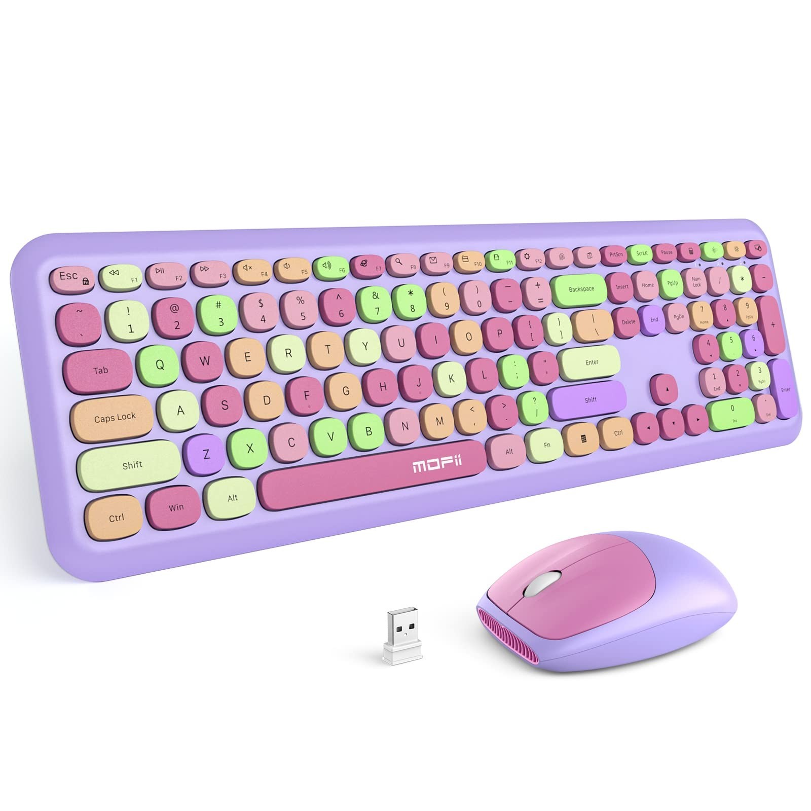 Cute Purple Wireless Keyboard Mouse Set Round Keycaps, Home Office For Women