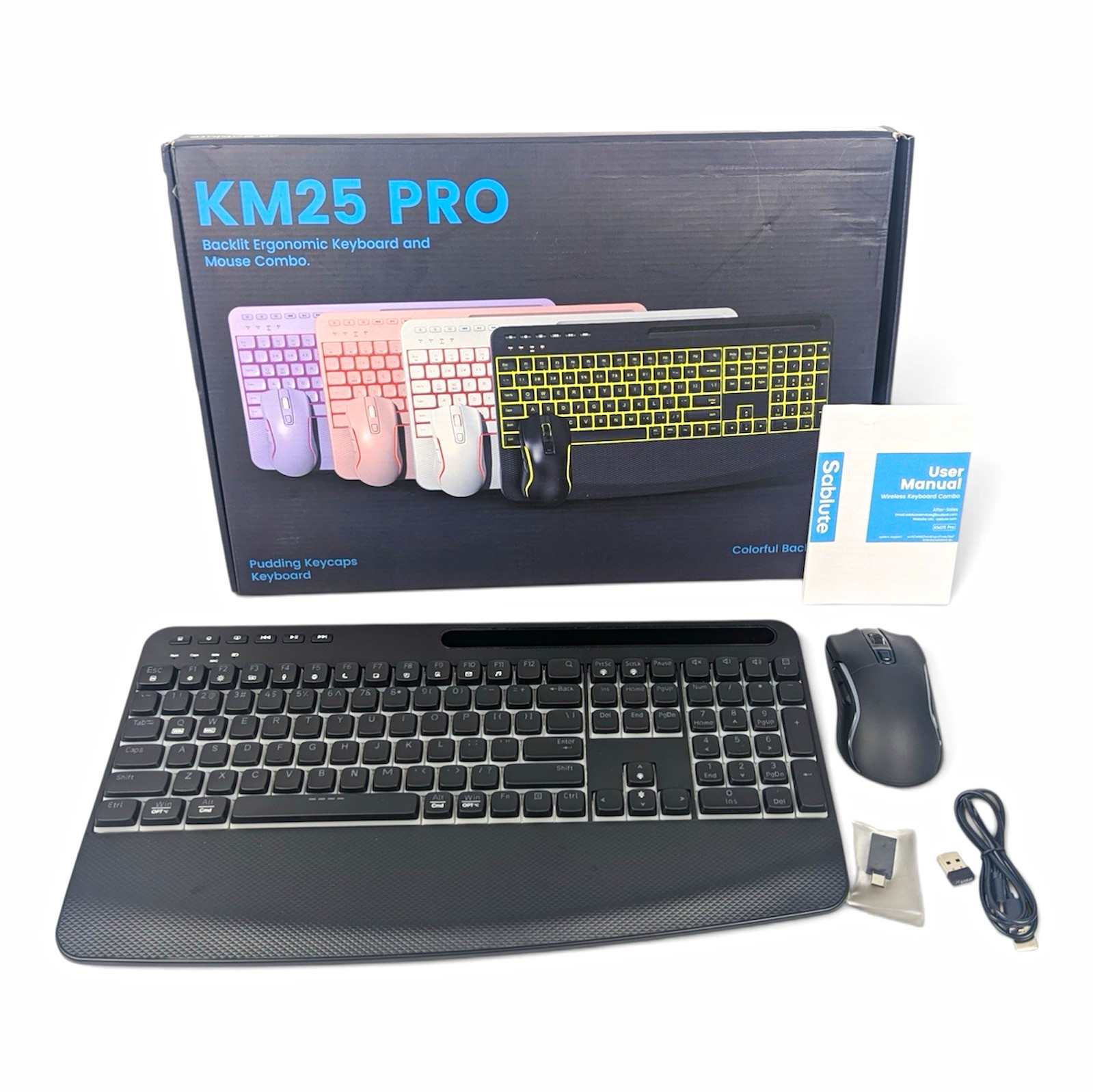 Sablute KM25 PRO Backlit Ergonomic Wireless/USB Keyboard & Mouse Combo, Black