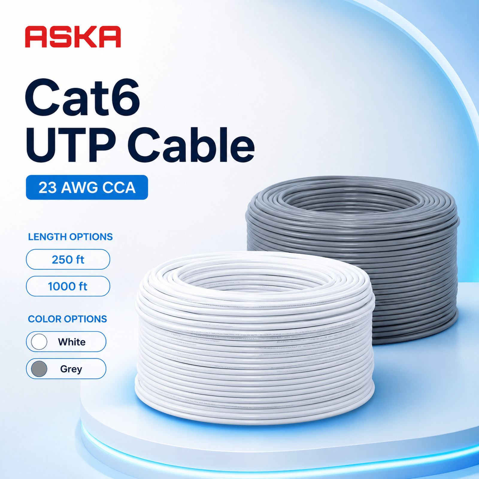 Cat6 UTP Ethernet LAN Cable CCA 23AWG 4 Pair CM 250/1000ft White Grey