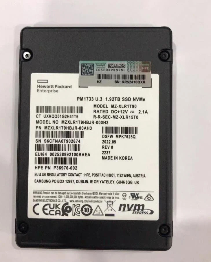 Samsung PM1733 1.92TB HPE SSD U.3 PCIE 4.0 NVME P36976-002 MZXLR1T9HBJR-000H3