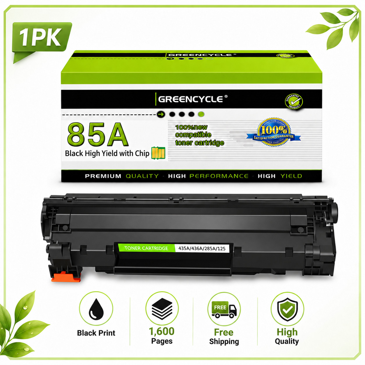 GREENCYCLE 1 PK CE285A 85A Toner Cartridge Fit HP LaserJet P1100 P1102 P1102W