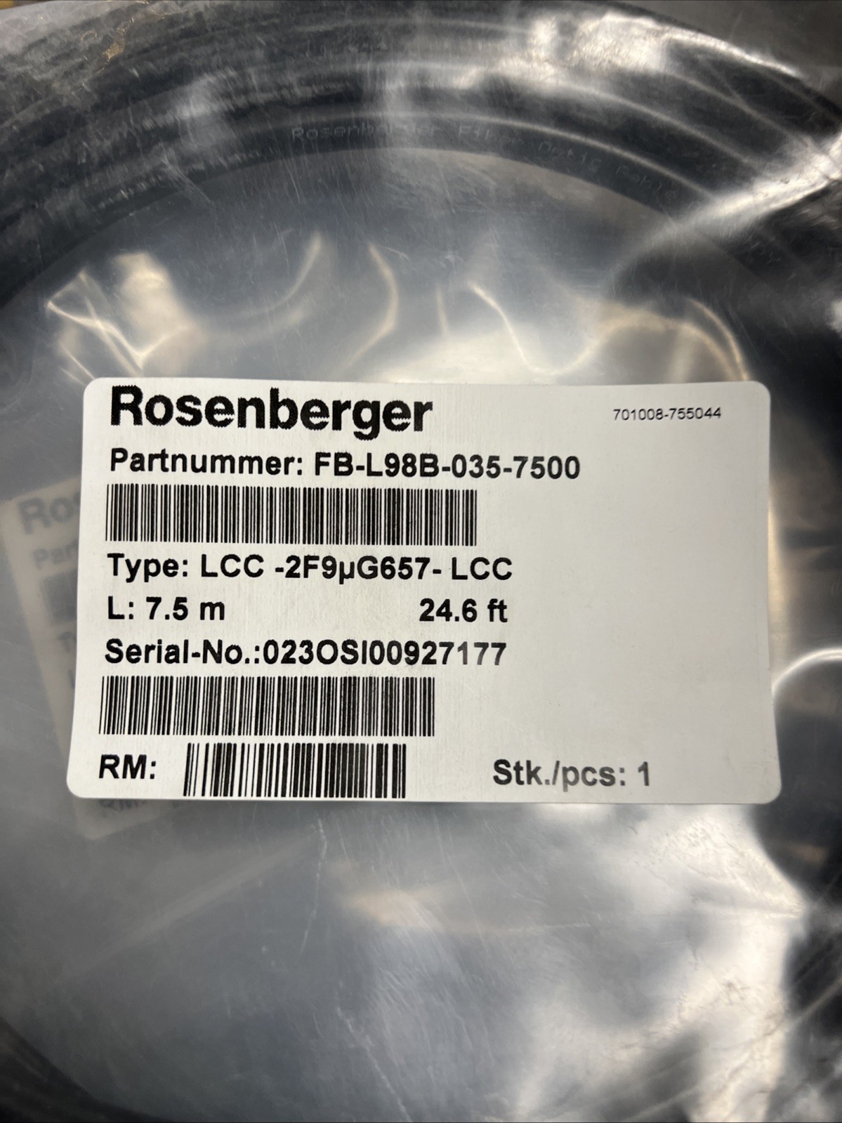 FB-L98B-035-7500 - Rosenberger Ruggedized Single Mode Fiber Jumper 7.5M