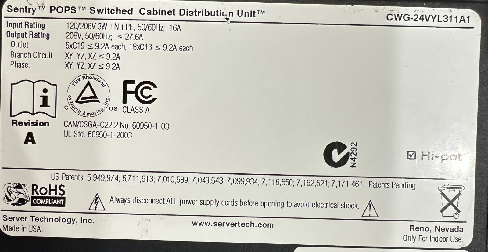 Server Tech Sentry POPs Switched 208v 16A CDU/PDU CWG-24VYL311A1