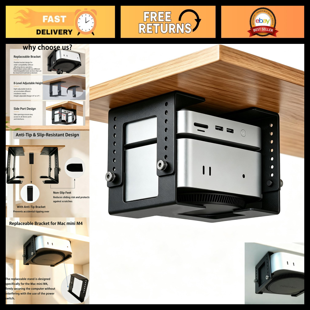Height Adjustable Mini PC Mount Bracket - 8 Levels, Metal Under Desk Holder