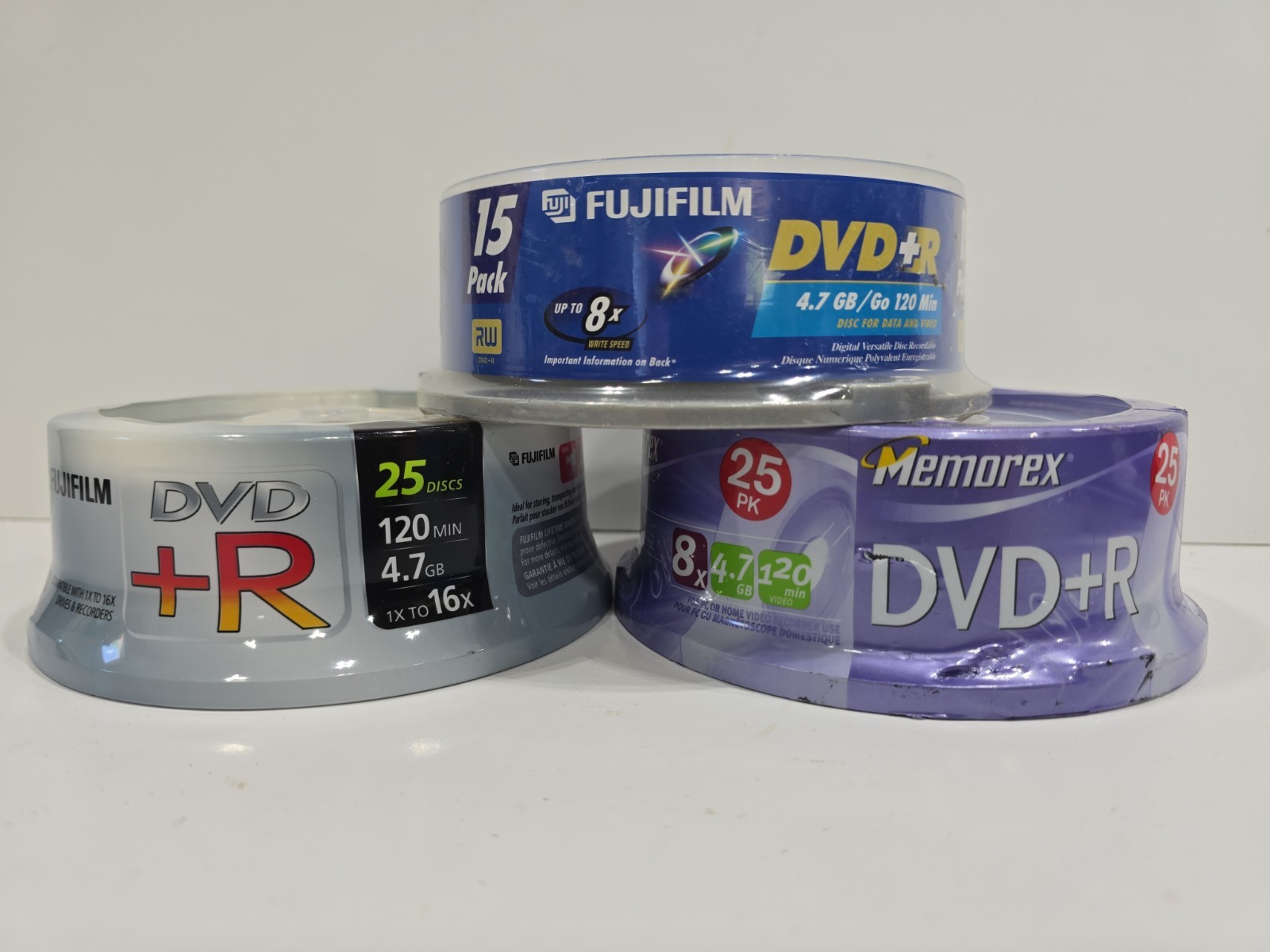 65  DVD+R Blank Media Disc NEW SEALED SPINDLES 65 Discs Total FUGIFILM MEMOREX.