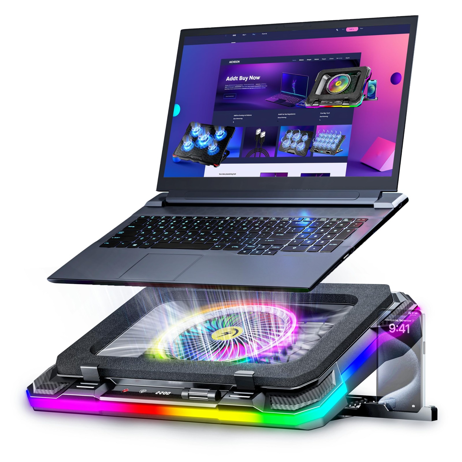 AICHESON Gaming Laptop Cooling Pad with Full RGB Lights, Powerful K1-5V, 