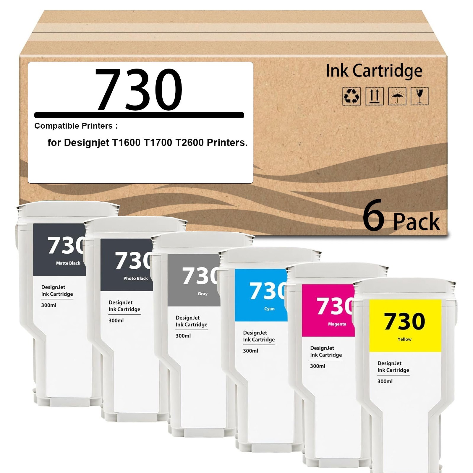6 Pack 730 Photo Ink Cartridge Use for Designjet T1600 T1700 T2600 Printers