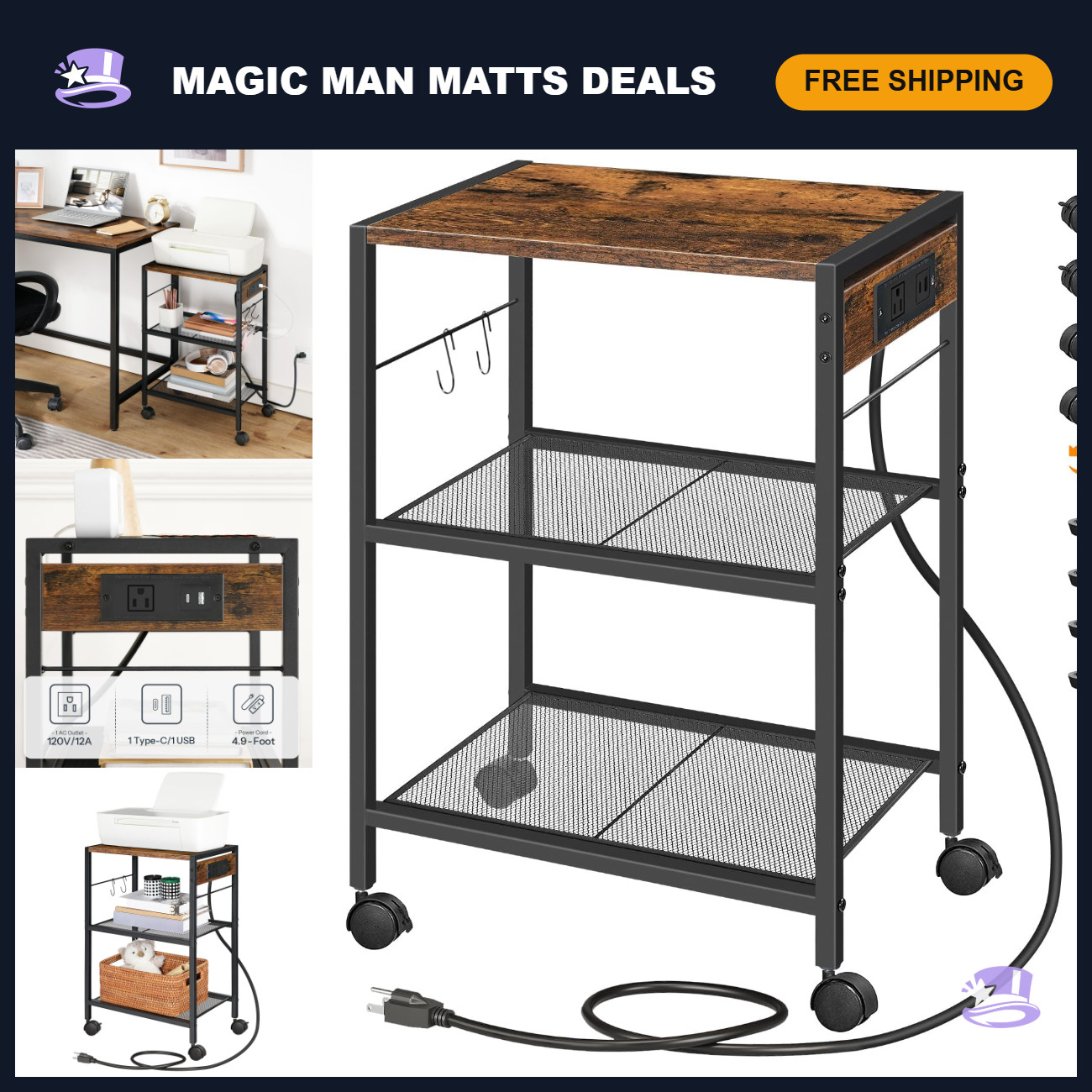 3-Tier Mobile Printer Stand with Power Outlets & USB Ports, Rolling Cart for Off