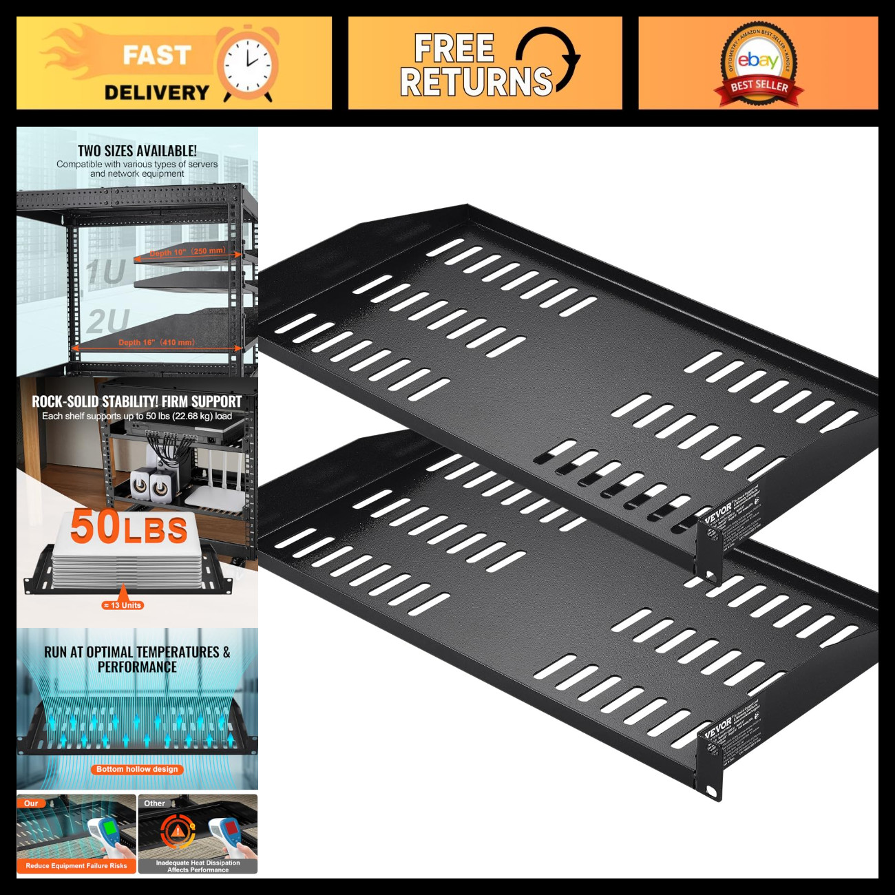 Universal Vented 1U Server Rack Shelf - 2PCS Cantilever Tray for 19" Racks, 50 l