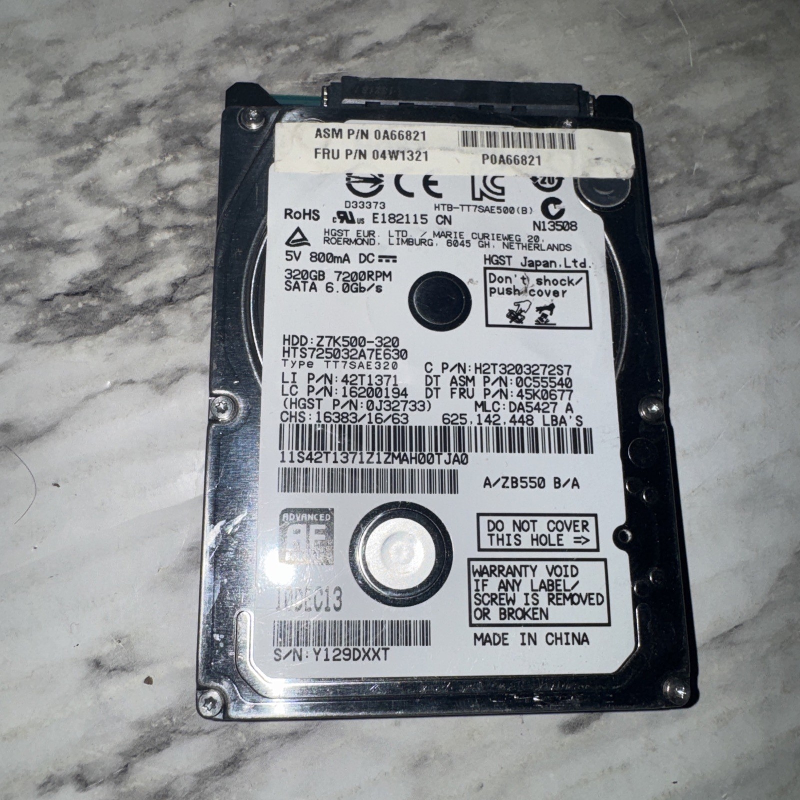 HGST HTS725032A7E630 320GB Sata Hard Drive P/N: 0J32733  MLC: DA5427