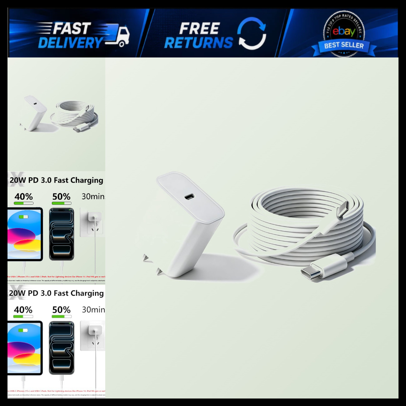 iPad Charger Fast Charging, 10ft USB-C Cable & 20W USB C Charge Block,1Pack