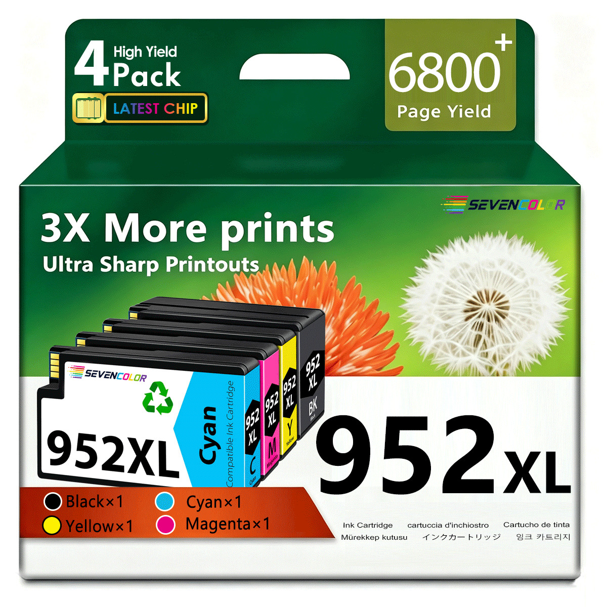 952XL High Yield Ink Cartridges Combo Pack (4-Pack, Black/Cyan/Magenta/Yellow)