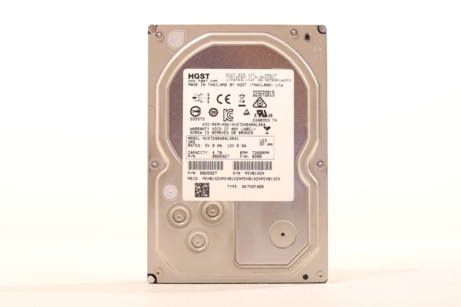 HGST HUS724040ALS641 4TB 3.5" 6Gb/s 64MB 7.2K RPM SAS Hard Drive P/N: 0B26927