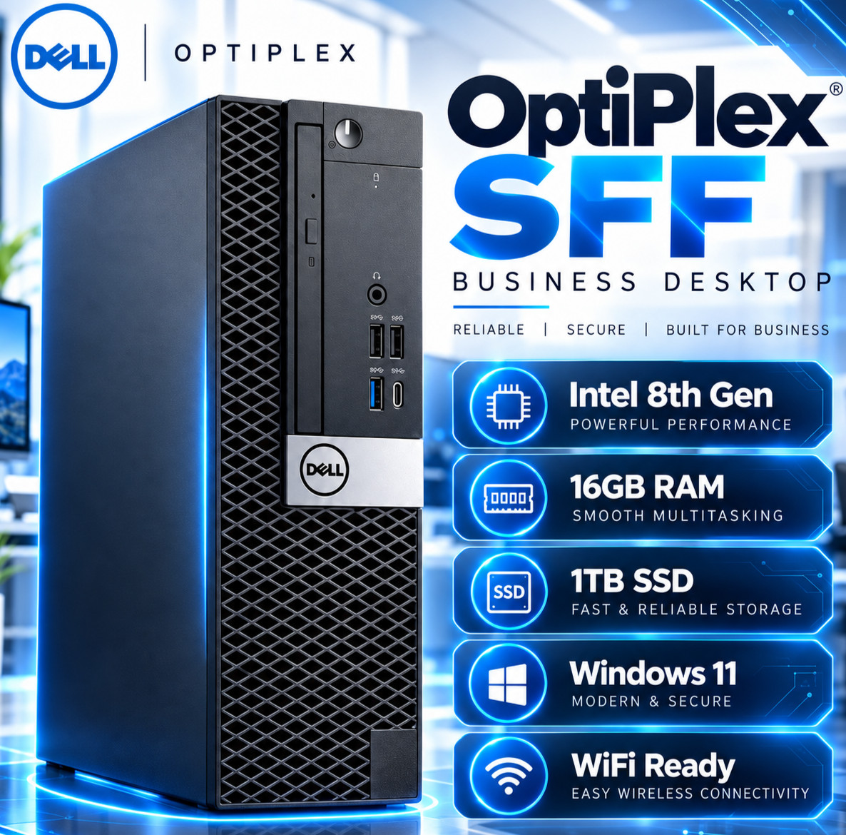 Dell OptiPlex SFF Desktop PC Intel 8th Gen 16GB RAM 1TB SSD Win11 WiFi Office