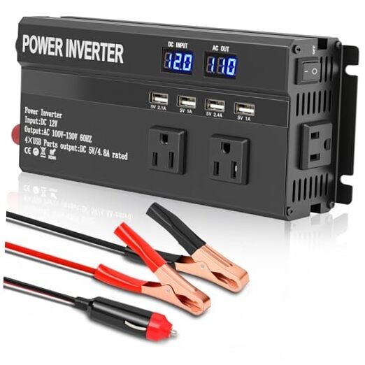 1200W Power Inverter, 12v to 110V AC Car Inverter with Fast Charging 2.4A USB