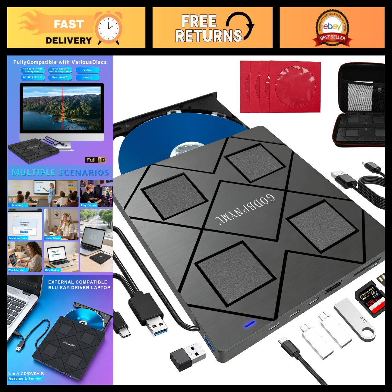 8-in-1 External Blu-ray/DVD Drive for PC, USB 3.0, High-Speed Data Transfer